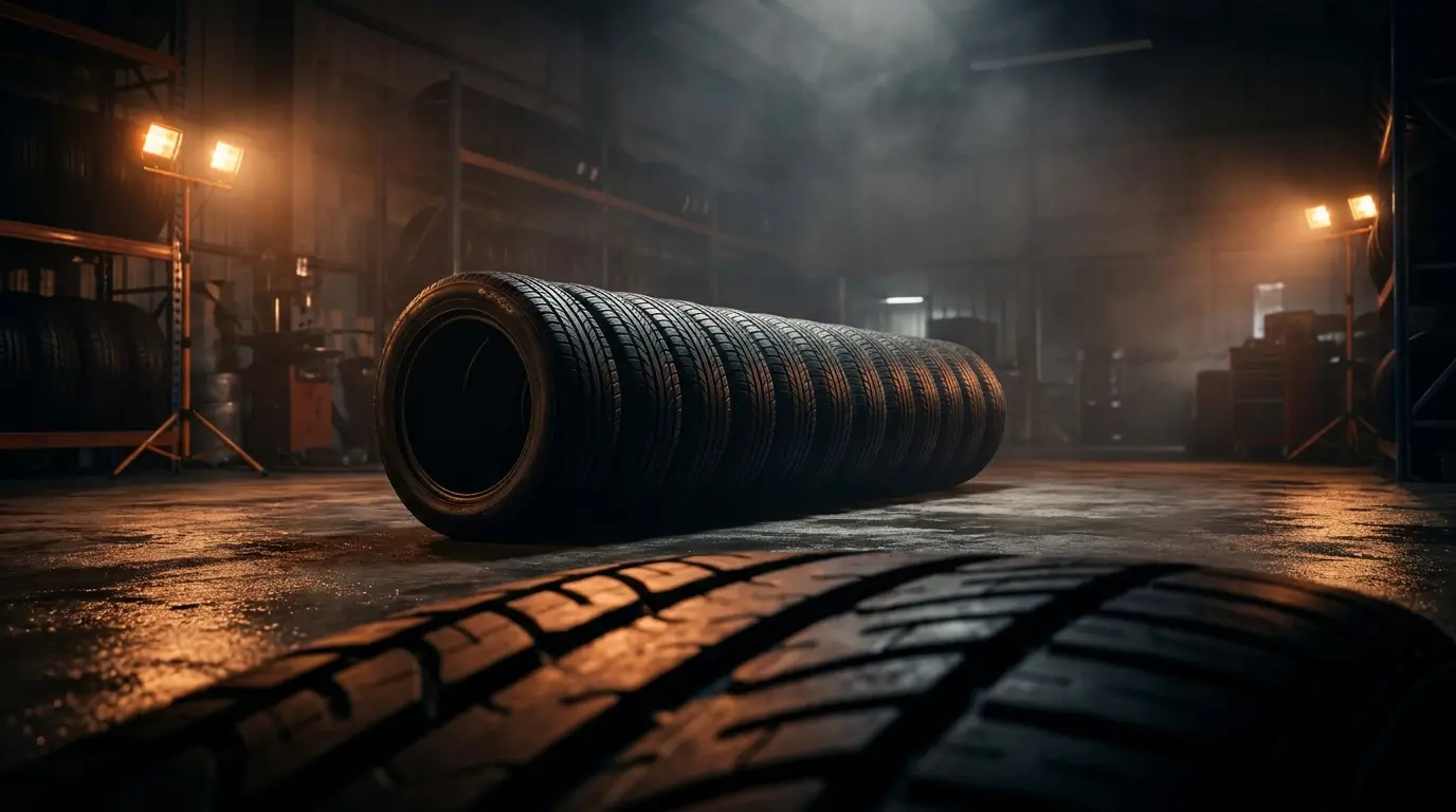 Atmospheric illustrative image of a tyre garage — new tyres under warm workshop lighting